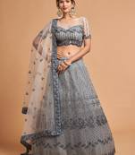 Grey embroidered net semi stitched lehenga