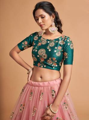 Peach embroidered net semi stitched lehenga 4