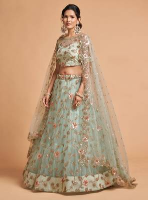 Sky-blue embroidered net semi stitched lehenga 2