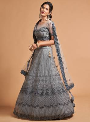Grey embroidered net semi stitched lehenga 2