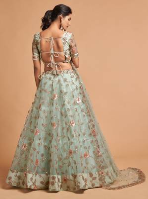 Sky-blue embroidered net semi stitched lehenga 3