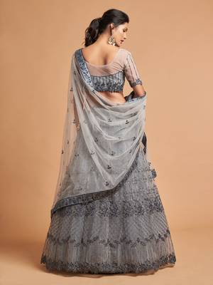 Grey embroidered net semi stitched lehenga 3