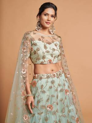 Sky-blue embroidered net semi stitched lehenga 4
