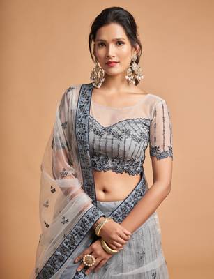 Grey embroidered net semi stitched lehenga 4