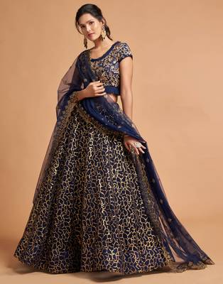 Navy-blue embroidered net semi stitched lehenga 1