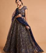Navy-blue embroidered net semi stitched lehenga