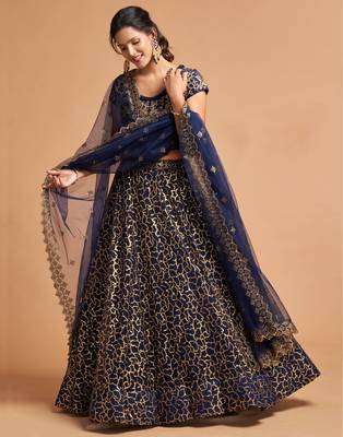 Navy-blue embroidered net semi stitched lehenga 2