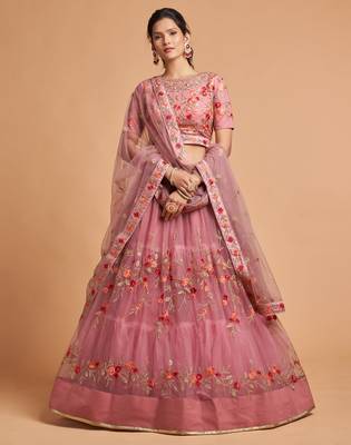 Rose embroidered net semi stitched lehenga 1