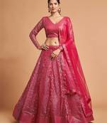 Hot-pink embroidered net semi stitched lehenga