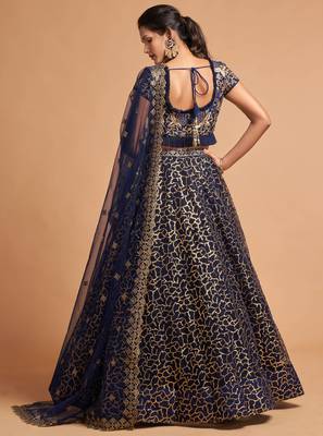 Navy-blue embroidered net semi stitched lehenga 3