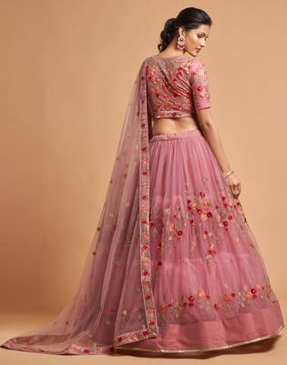 Rose embroidered net semi stitched lehenga 2