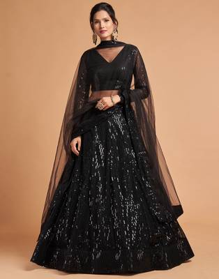 Black embroidered net semi stitched lehenga 1