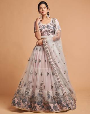 Grey embroidered net semi stitched lehenga 1