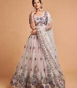 Grey embroidered net semi stitched lehenga