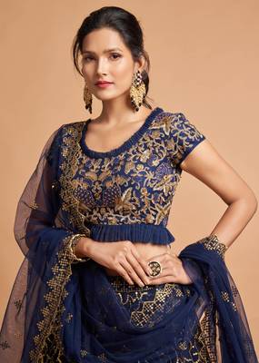 Navy-blue embroidered net semi stitched lehenga 4