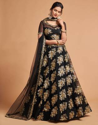 Black embroidered net semi stitched lehenga 1