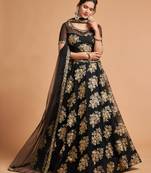 Black embroidered net semi stitched lehenga