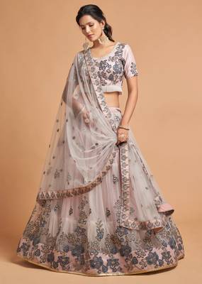 Grey embroidered net semi stitched lehenga 2