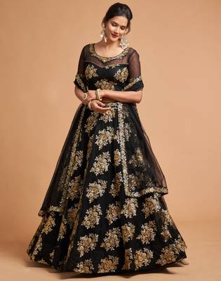 Black embroidered net semi stitched lehenga 2