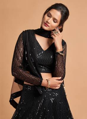 Black embroidered net semi stitched lehenga 3