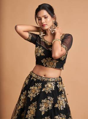 Black embroidered net semi stitched lehenga 3