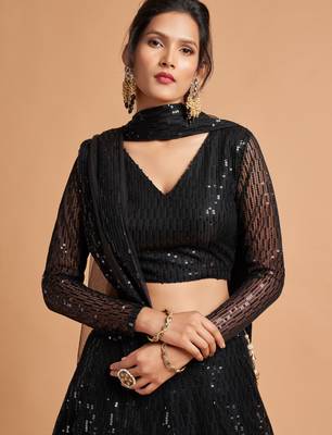 Black embroidered net semi stitched lehenga 4