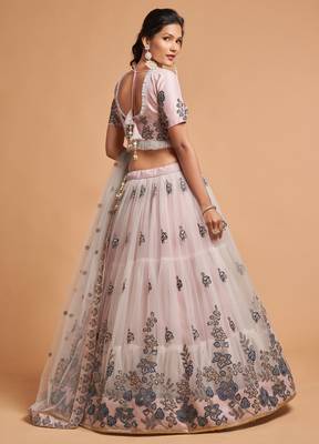 Grey embroidered net semi stitched lehenga 4