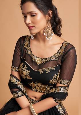Black embroidered net semi stitched lehenga 4