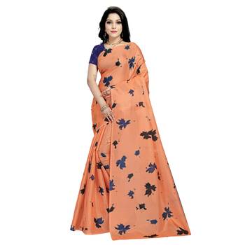 Peach plain silk saree with blouse 1