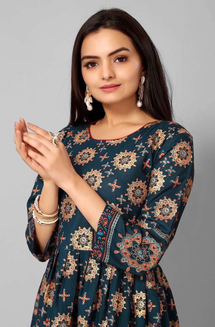 Mohvogue Women's Teal Floral Print Rayon Dress