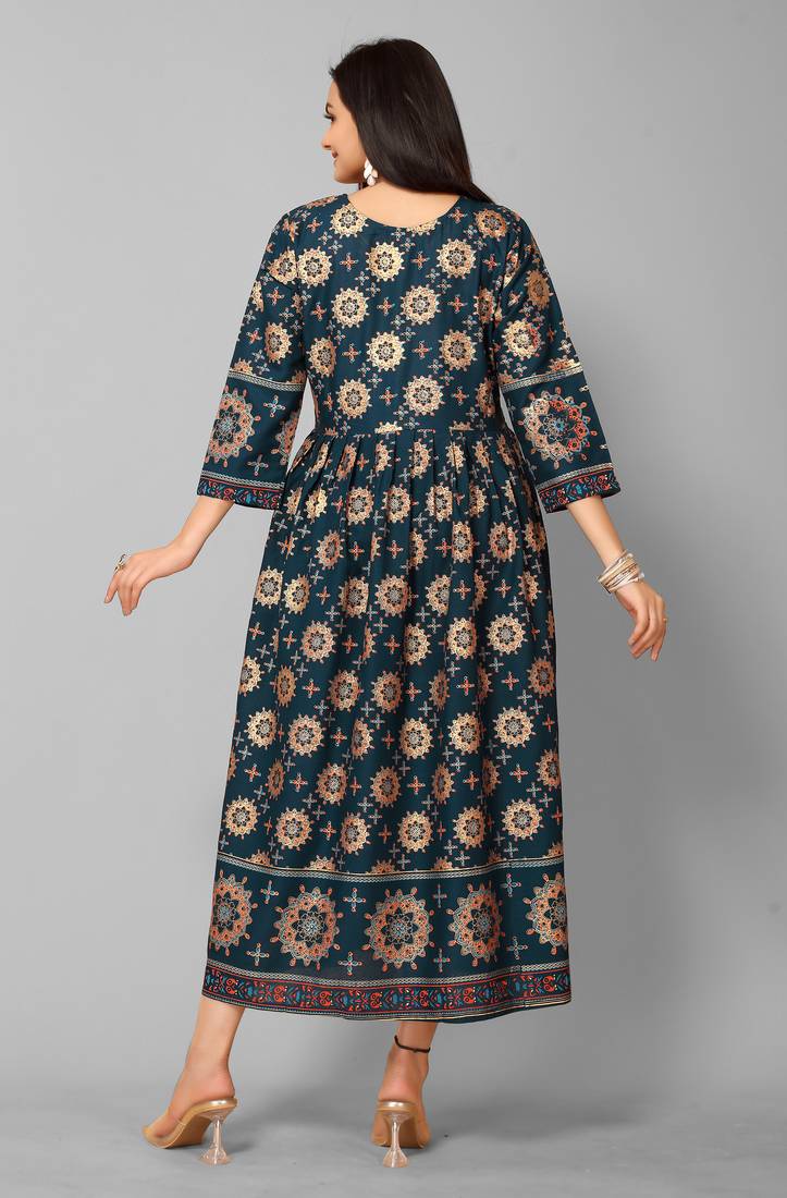 Mohvogue Women's Teal Floral Print Rayon Dress