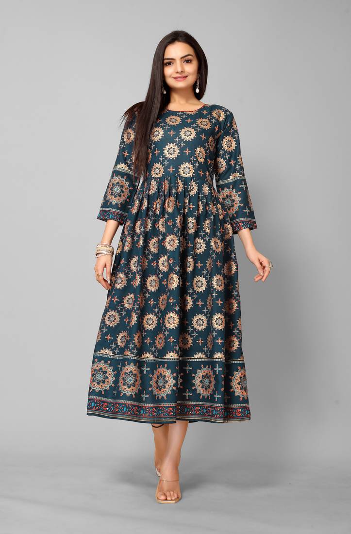 Mohvogue Women's Teal Floral Print Rayon Dress