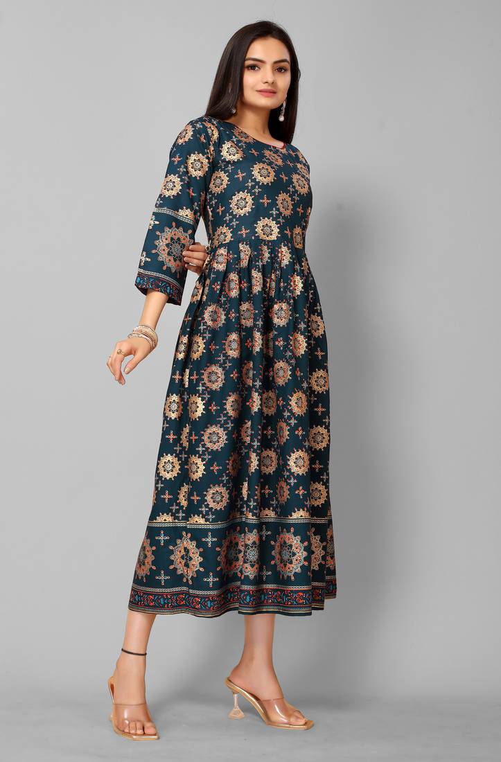 Mohvogue Women's Teal Floral Print Rayon Dress