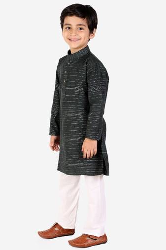 Dark Green Linen Cotton Kurta Pajama Set For Kids