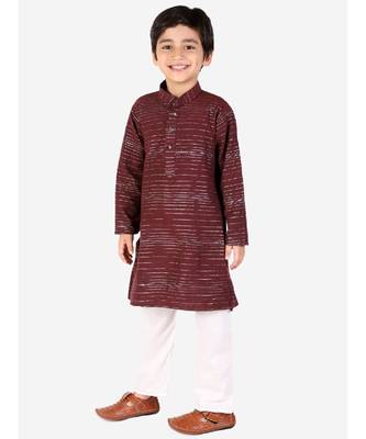 Maroon Linen Cotton Kurta Pajama Set For Kids 3