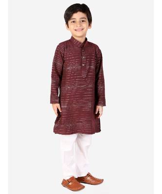 Maroon Linen Cotton Kurta Pajama Set For Kids 4