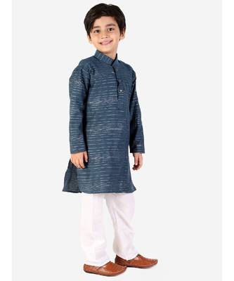 Royal Blue Linen Cotton Kurta Pajama Set For Kids 1
