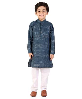 Royal Blue Linen Cotton Kurta Pajama Set For Kids 3