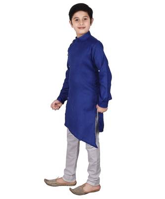 Blue Self Design Cotton Boys Cut Kurta Pajama Set 1