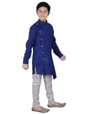 Blue Self Design Cotton Boys Cut Kurta Pajama Set 2