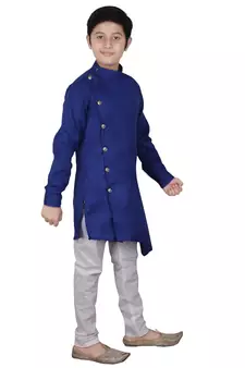 Blue Self Design Cotton Boys Cut Kurta Pajama Set