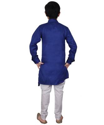 Blue Self Design Cotton Boys Cut Kurta Pajama Set 3