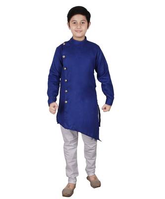 Blue Self Design Cotton Boys Cut Kurta Pajama Set 4