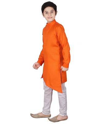 Orange Self Design Cotton Boys Cut Kurta Pajama Set 1