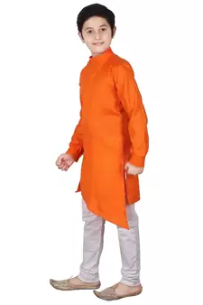 Orange Self Design Cotton Boys Cut Kurta Pajama Set