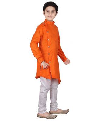 Orange Self Design Cotton Boys Cut Kurta Pajama Set 2