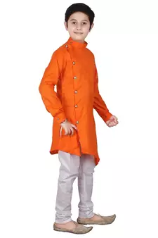 Orange Self Design Cotton Boys Cut Kurta Pajama Set