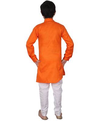 Orange Self Design Cotton Boys Cut Kurta Pajama Set 3