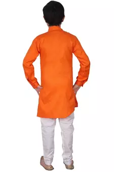Orange Self Design Cotton Boys Cut Kurta Pajama Set