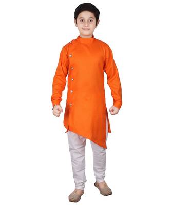 Orange Self Design Cotton Boys Cut Kurta Pajama Set 4